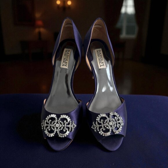 BADGLEY MISCHKA Salsa Royal Purple Plum Satin Heels Size 8 - Picture 1 of 10